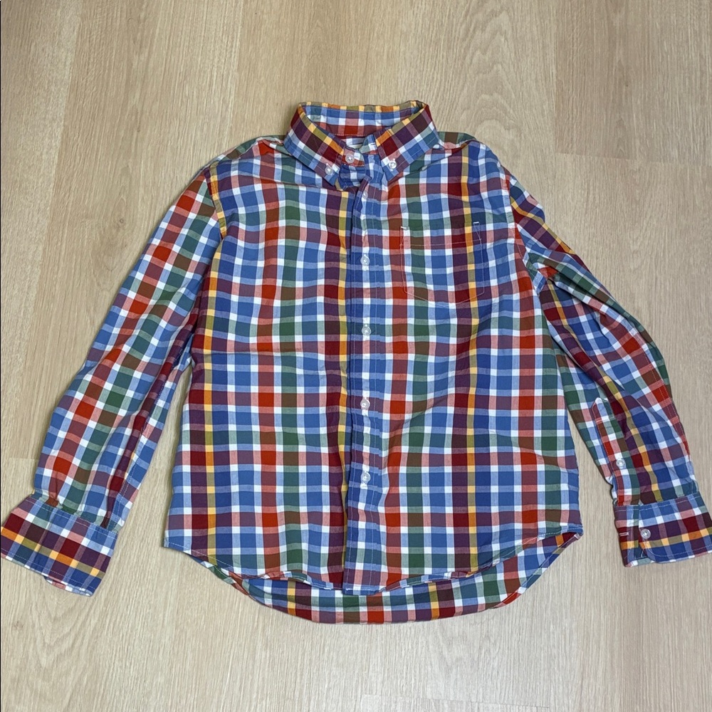 Crewcuts Boy’s sz 10 Green Periwinkle Red Orange Yellow Plaid Button Down Shirt